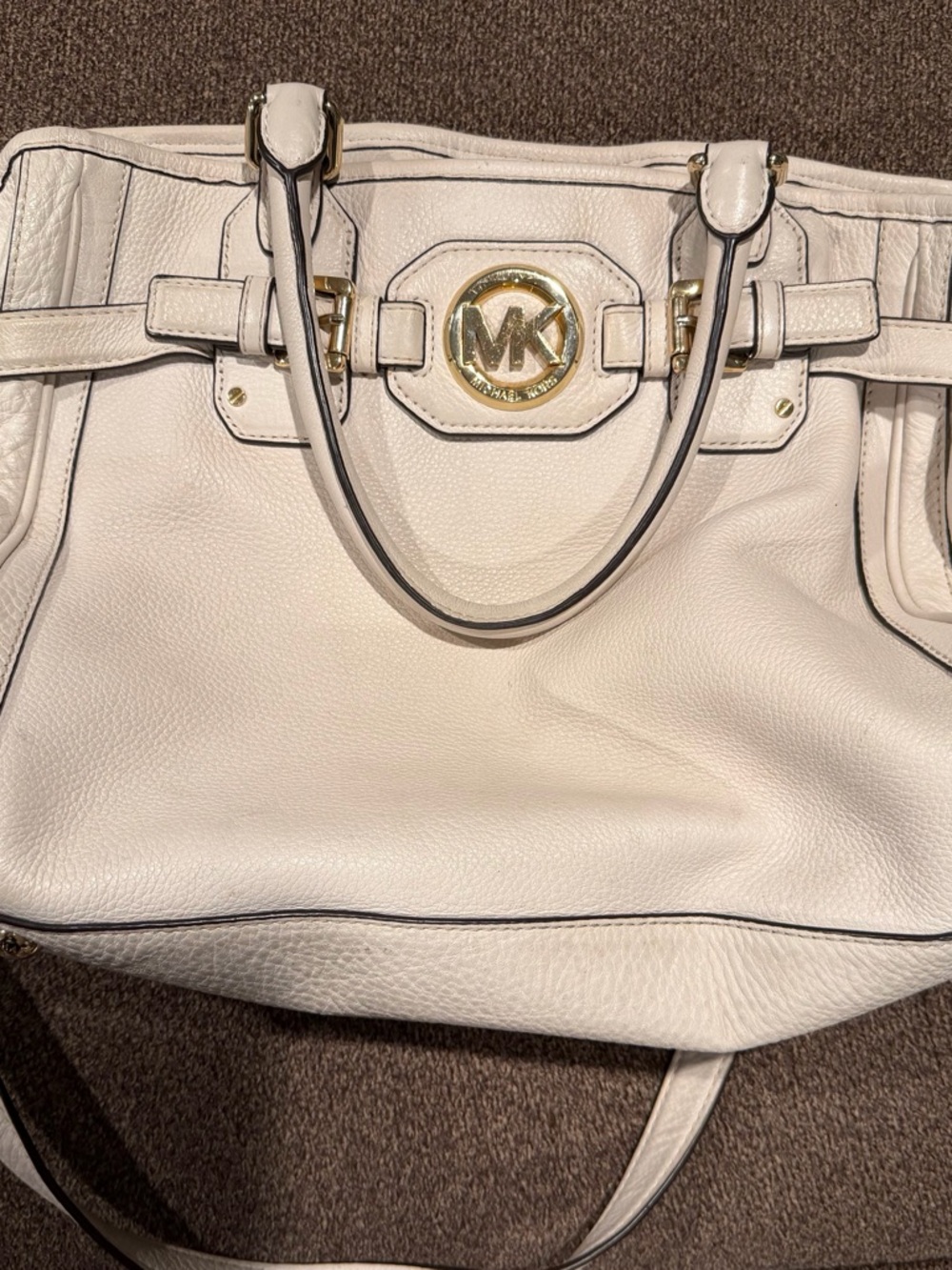 Cream Pebbled Leather Tote with Gold MK Emblem
